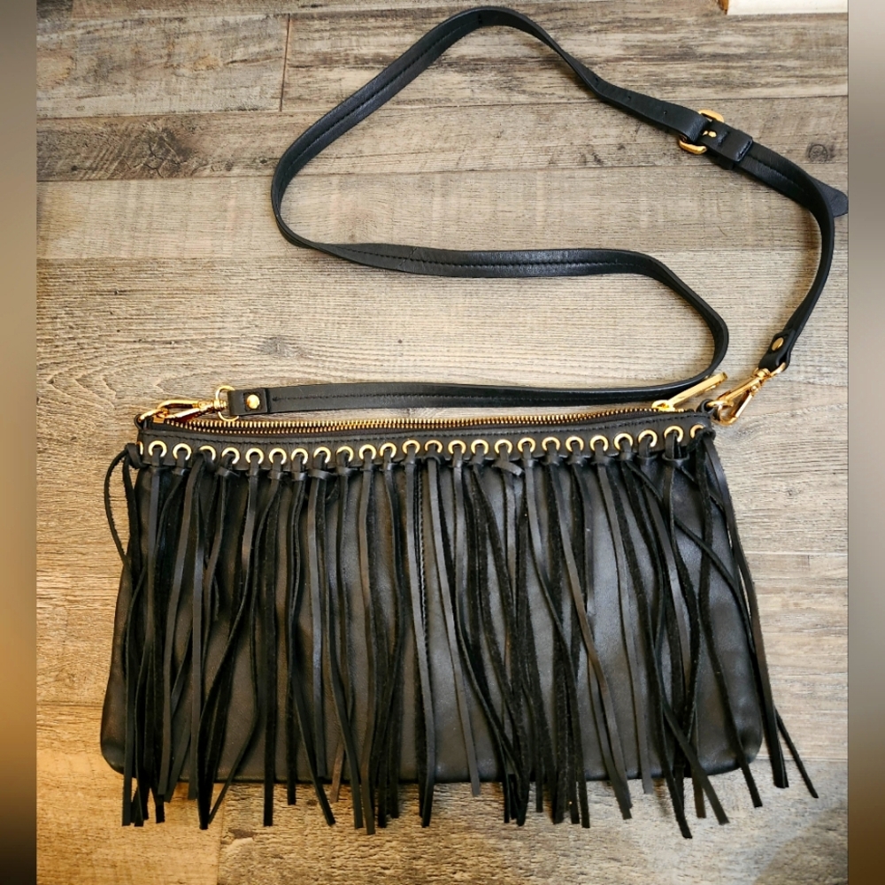 BADGLEY MISCHKA Black Fringe Crossbody Bag
